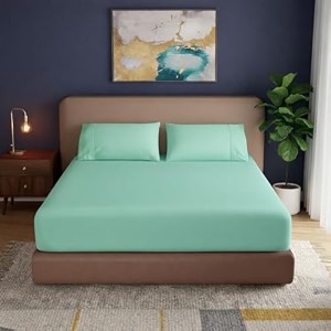 knight kavalier 100 cotton 400 tc sateen double fitted sheet set 72x7212 inch with 2 pillowcases  deep pocket all-round elastic  aqua blue solid - soft breathable amp eco-friendly bedsheet