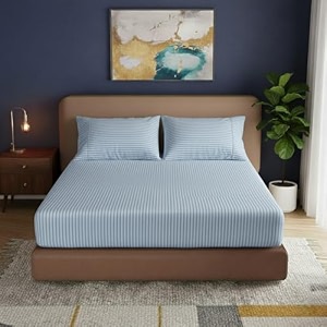 knight kavalier 100 cotton 400 tc sateen double fitted sheet set 72x7212 inch with 2 pillowcases  deep pocket all-round elastic  light blue striped - soft breathable amp eco-friendly bedsheet