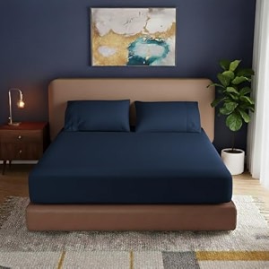 knight kavalier 100 cotton 400 tc sateen double fitted sheet set 72x7212 inch with 2 pillowcases  deep pocket all-round elastic  navy blue solid - soft breathable amp eco-friendly bedsheet