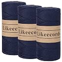 Likeecords 100% Cotton Crochet Yarn for Bag,3 Rolls/Pack 2mm x 510m,Macrame Cord,Chunky Yarn for Crocheting Handbag, Purse,Blankets Crafts Projects (Dark Blue)