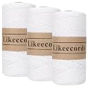 Likeecords 100% Cotton Crochet Yarn for Bag,3 Rolls/Pack 2mm x 510m,Macrame Cord,Chunky Yarn for Crocheting Handbag, Purse,Blankets Crafts Projects (Pure White)