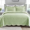 100% Cotton Embroidered Quilt Bedspread Set, Pale Green Oversized Queen