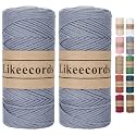 Likeecords 100% Cotton Rope Crochet Yarn Bag Cord 2mm 350Yards Braided Macrame Cord Macrame Rope Crochet Thread Gift for Knitter(Gray)