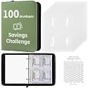 100 Envelopes Money Saving Challenge Binder with Laminated Tracker, PU Money Saving Challenge Budget Binder with Cash Envelopes, Savings Challenge Book with Zipper to Save $5,050 (OliveGreen)