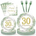 100 Pcs 30th Birthday Decorations Party Tableware Set Greenery Eucalyptus Paper Plates Sage Green Plates Forks and Napkins 30th Birthday Party Decorations for 30 Years Old Women Her Serve 25 Guests