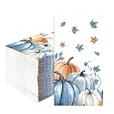 100 Pcs Fall Paper Napkins 3 Ply Watercolor Blue Orange Pumpkins Disposable Absorbent Hand Towels Autumn Decorative Guest Napkins for Thanksgiving Harvest Lunch Dinner Bathroom Supplies Decorations
