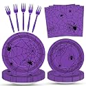 100 Pcs Halloween Spider Web Tableware Party Supplies Set, Serves 25- Disposable Spiderweb Plates, Napkins, and Forks, Spooky Dinnerware for Haunted House, Trick or Treat, Birthday Table Decorations