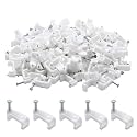 Flat Ethernet Cable Wire Clips with Nail, 14mm, White, 100pcs