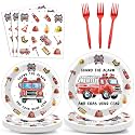 100Pcs Firetruck Birthday Party Decorations Watercolor Firefighter Plates and Napkins Little Blue Truck Birthday Dinnerware Fire Truck Supplies Fireman Tableware for Kids Baby Shower Decor Serves 25