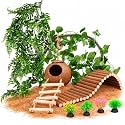 10PCS Crested Gecko Tank Accessories, Reptile Plants Bridge Vines, Coconut Shell with Ladder for Lizard, Chameleon Cage, Snakes, Hermit Crab, Leopard Gecko Tank Accessories, Terrarium Decor