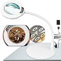 10X Magnifying Glass with Light and Stand, 16.5in Flexible Goose-Neck, 5 Color Modes Stepless Dimmable LED Lighted Desk Lamp, Hands Free Magnifier for Crafting Hobby Painting Close Work - White