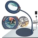 10X Magnifying Glass with Light and Stand, 5 Color Modes Stepless Dimmable LED Lighted Desk Lamp, Hands Free Flexible Gooseneck Magnifier with Light for Craft Hobby Painting Close Work - Blue