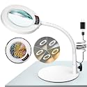 10X Magnifying Glass with Light and Stand, 5 Color Modes Stepless Dimmable LED Lighted Desk Lamp, Hands Free Flexible Gooseneck Magnifier with Light for Craft Hobby Painting Close Work - White