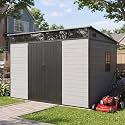 10x7 FT Resin Shed with Floor, Outdoor Storage Shed, Black+Grey