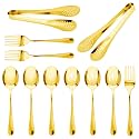11PCS Stainless Steel Serving Utensils Set Large Slotted Spoons Food Tongs Serving Spoons Forks Multi-Purpose Gold Flatware for Buffet Dinner Party Catering Kitchen Entertaining (Gold)