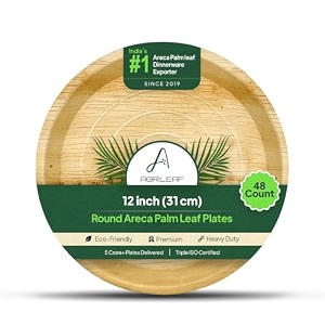 1234 round areca palm leaf plates 48-pack  better than paper amp bagasse  eco friendly compostable microwave amp freezer safe  strong amp sturdy  use amp throw  parties events weddings