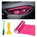 12 × 48 Inch Car Light Tint Film, Shiny Chameleon Headlights Tail Lights Fog Lights Films with Squeeze &amp; Cutter, Self Adhesive Vinyl Film Sticker Sheet Roll Car Accessories (Pink)