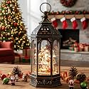 12.8'' Christmas Village Snow Globe Lantern, Santa Sleigh with Reindeer Will Rotate Around The Snowy Mountain Village with Musics Swirling Glitter Water Lantern for Home Decoration and Gift