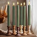12 Pack, 10" LED Flameless Real Wax Sage Olive Loden Green Fluted Ribbed Grooved Taper Candles, Remote &amp; 24h Timer Memory, On/Off Button, Dimmable, Flicker Mode, Battery Operated, Wedding