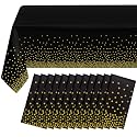 12 Pack Black and Gold Dot Plastic Tablecloth, Gold Stamping Dot Confetti Rectangle Plastic Disposable Tablecloth for Birthday Retirement Graduation Engagement Anniversary Party Decoration, 54x108Inch