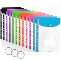 12 Pack Plastic Envelopes Binder Pocket 11 Holes Expandable Binder Folders for 2/3/4 Ring Document Pouch with Snap Button &amp; Label Loose-Leaf Transparent for School Home Office (Vertical-Opening)