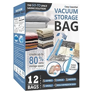 12 pack vacuum storage bags space saver bags 2 jumbo2 large2 medium2 small4 roll compression storage bags for comforters and blankets vacuum sealer bags for clothes storage hand pump included