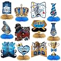12 Pcs Father's Day Party Decorations Honeycomb Table Centerpieces Double Sided Blue Gold Ties Beards Leather Shoes Happy Father's Day Table Topper Decoration for Party Favors Photo Backdrop