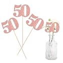 12 PCS Glitter 50th Birthday Centerpiece Sticks Number 50 Cake Toppers Fifty Table Flower Topper Decorations for 50th Birthday Anniversary Party Centerpiece Supplies Rose Gold