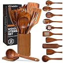 12 Pcs Teak Wooden Utensils Set, Wooden Spoons for Cooking