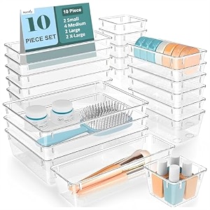homifly 10 pieces unbreakable drawers organisersmultipurpose drawer organizer traystorage box for dressing tablemakeup organiser traystorage bins for bathroomkitchen - transparent