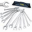 YIYEIE 12-Point Flare Nut Wrench Set Metric &amp; SAE, 8mm-19mm &amp; 1/4"-7/8", 11PCS Offset Line Wrench Set for Brake, Fuel and Tubing, CR-V Steel, Double Open End with Organizer Pouch for Removing Nuts