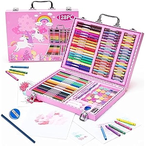128 pieces art set portable drawing painting art supplies gifts for kids girls boys teens adults 6-8-9-12 coloring art kit gift case crayons oil pastelscolored pencils watercolors case pink
