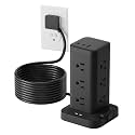 12AC 3USB Power Strip Tower Surge Protector, Extension Cord 15ft, Black, 1