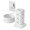 12AC 3USB Power Strip Tower Surge Protector, Extension Cord 15ft, White, 1