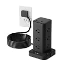 12AC 3USB Power Strip Tower Surge Protector, Extension Cord 9.8ft, Black, 1