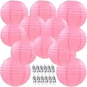 12pcs Pink Paper Lanterns with 12pcs White LED Lights, 6" 8" 10" 12" Round Hanging Chinese/Japanese Ball Lantern for Valentine's Day Easter Wedding