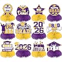 12Pcs Purple and Yellow Graduation Decorations Honeycomb Centerpieces, Class of 2026 Graduations Centerpieces for Tables Purple and Yellow Congrats Grad Graduation Table Decoration Grad Centerpiece