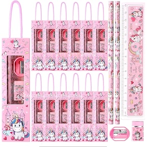 sillyme 12pcs of unicorn stationery set for navratri gifts for kanya return gifts birthday party for kids - pencil  scale  eraser kanjak gifts for girls pack of 12 - kanya pujan gifts set of 12