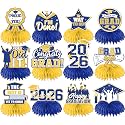 12Pcs Yellow and Blue Graduation Decorations Honeycomb Centerpieces, Class of 2026 Graduations Centerpieces for Tables Yellow and Blue Congrats Grad Graduation Table Decoration Grad Centerpiece