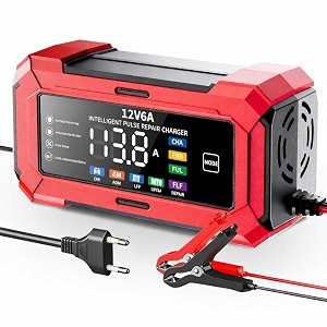 12v6a smart battery charger for car amp bike  automatic fast charging with lcd display  pulse repair mode  multi-protection  agm gel amp lead acid compatible  6 month warranty 12v6a big