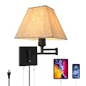 13" Modern Swing Arm Wall Lamp Plug in Wall Sconce with USB and Type-C Port Wall Mounted Lamp with Dimmable Switch Black Wall Sconce Beige Fabric Shade Suitable for Hallway Bedroom Living Room