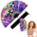 13 Inch Large Rave Fan & Clack Fan for Line Dancing - Folding Hand Fan with UV Glow for Boots on The Ground, Performance, Wedding, Party - Portable Handheld Fan for Women & Men