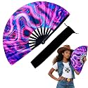 13 Inch Large Rave Fan & Clack Fan for Line Dancing - Folding Hand Fan with UV Glow for Boots on The Ground, Performance, Wedding, Party - Portable Handheld Fan for Women & Men