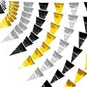 130FT Black Gold Silver Glitter Triangle Pennant Banner Flag Metallic Bunting Fabric Garland for Christmas Wall Hanging,Graduation, New Years Decorations,Father' Da Decorations Party Decor
