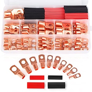 130pcs copper wire lugsterminal connectorsused on awg12 10 8 6 4 2 cableheat shrink setbare copper eyeletsring terminals connectors64pcs battery cable lugs ends and 66pcs heat shrink tubing