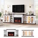 135" Modular Fireplace TV Stand, Scrollwork Iron Grill Doors, White/Brown