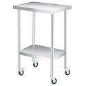 14"x24"x35" Stainless Steel Work Table, 2-Tier Commercial Prep Table with Undershelf & Casters, Heavy Duty, Rust-Resistant for Kitchen, Restaurant, Garage, Indoor/Outdoor Use