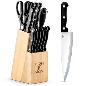 14 piece stainless steel serrated knife set  kitchen knives set with high-carbon stainless steel blades and wooden block set by moos amp stone