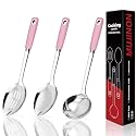 14-in Pink Cooking Spoons Set, Heavy Duty 18/0 Stainless Steel Large Serving Spoons Set, Slotted Spoon, Cooking Spoon &amp; Soup Ladle, Commercial and Residential Use, Pack of 3