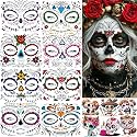 14 Sheets Day Of The Dead Face Tattoos For Halloween Temporary Tattoos Sugar Skull Catrina Makeup Kit Tattoo Sticker, Realistic Stitch Mouth Fake Tattoos Halloween Zombie Costume Dia De Los Muertos